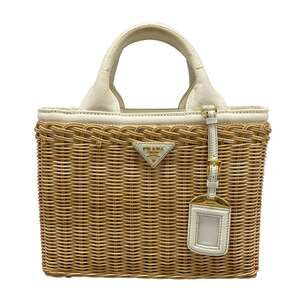 Prada Medium Wicker Canvas Tote Bag Tote Bag 1BG835 Beige Cream Rattan Canvas